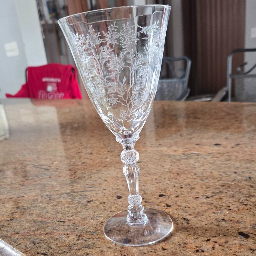 FOSTORIA GLASS CO. CHINTZ CRYSTAL  9-OUNCE 7-58 TALL FOOTED WATER GOBLET